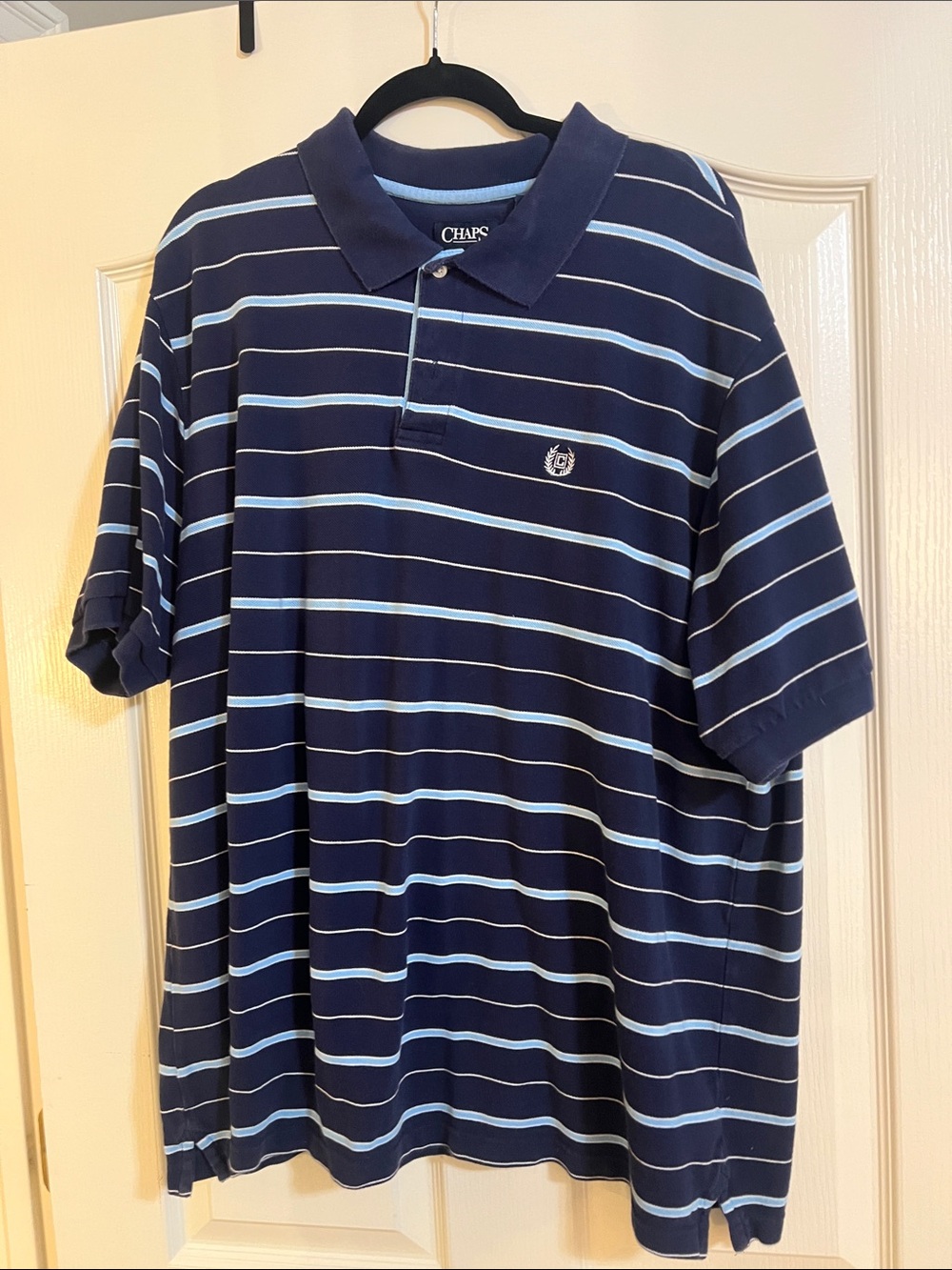 Chaps Navy with Light Blue Striped Polo